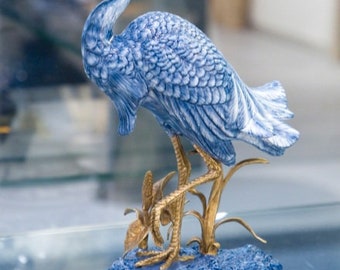 Porcelain Blue Egret Bird Figurine with Bronze Ormolu-12''H