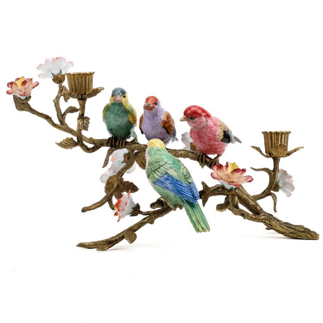Porcelain Candle Holder Stand With Multi Birds and Bronze - Etsy