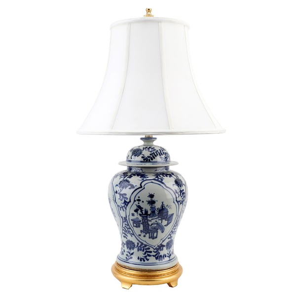 Porcelain Blue & White Warrior Jar Lamp- 32''H