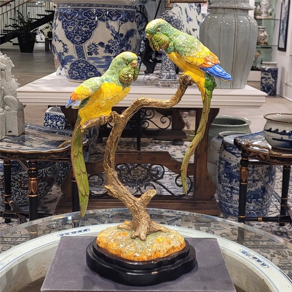 Porcelain/Bronze Ormolu Double Parrots Figurine-13''H