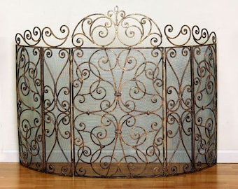 Antique Gold Five Panel Scroll Fireplace Screen