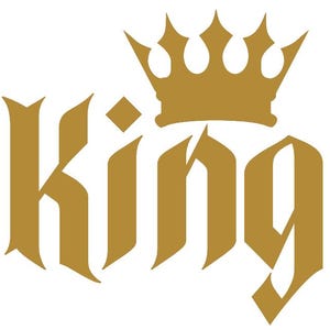 Puede incluir: Gráfico de color dorado de la palabra "King" en una fuente estilizada con una corona sobre la palabra.