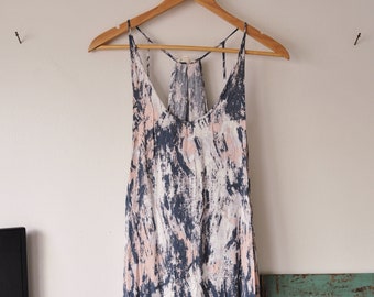 pink, blue, and white abstract patterned, summer tank top maxi dress with pockets