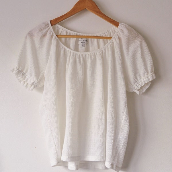 light & airy white textured sheer cropped blouse with ruffled sleeves