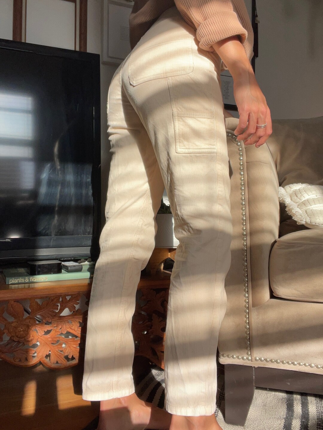 Cream Colored Slim / Straight Fit Corduroy Utility Pants Etsy