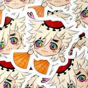 May include: A set of colorful anime character stickers featuring a character with white hair, red eyes, and a red and white headband. The character is holding a fan and has a rainbow-colored design on their eyes. The stickers are printed on white paper and have a glossy finish.