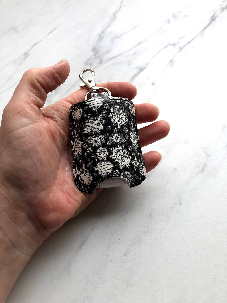 1oz Black Tattoos /_Hand Sanitizer Holder Bed /& Body Works Purell Marine Vinyl Holder Faux Leader Holder Keychain -Travel Size