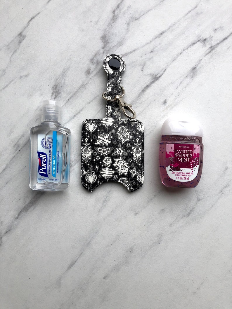 1oz Black Tattoos /_Hand Sanitizer Holder Bed /& Body Works Purell Marine Vinyl Holder Faux Leader Holder Keychain -Travel Size