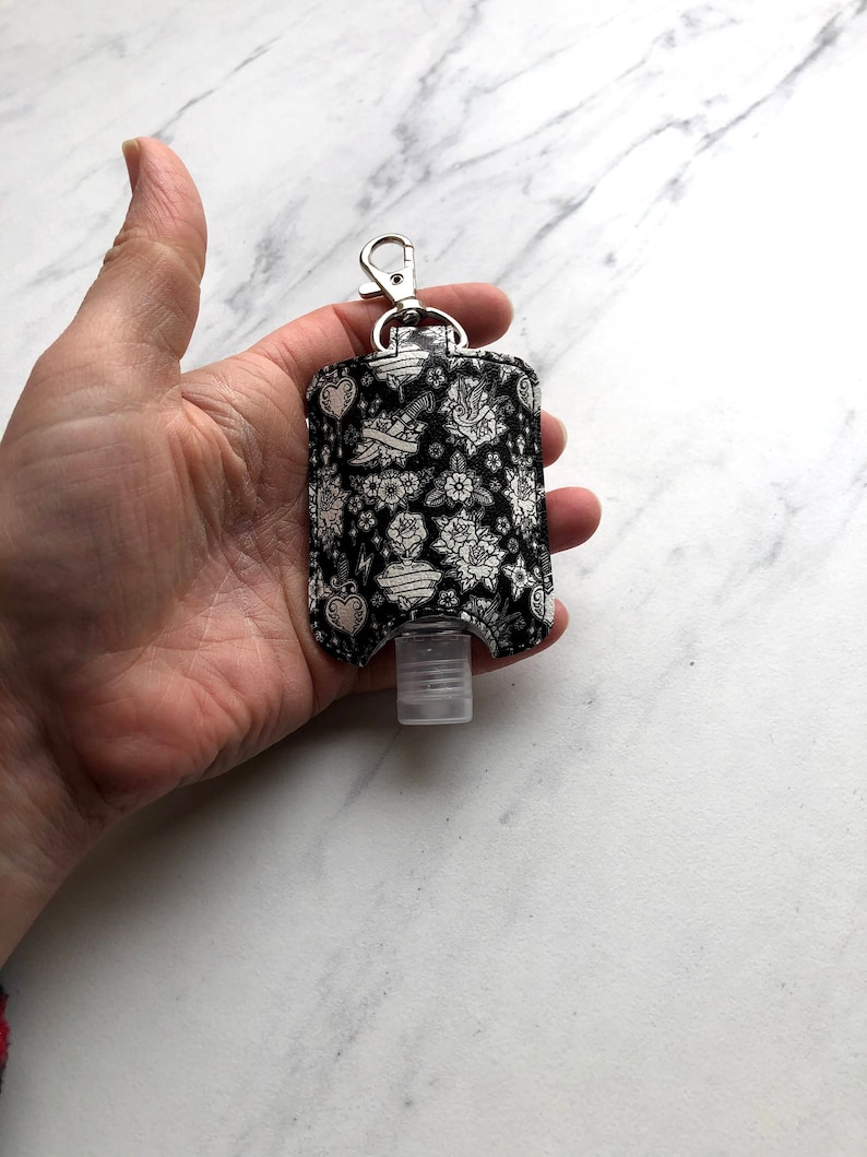 1oz Black Tattoos /_Hand Sanitizer Holder Bed /& Body Works Purell Marine Vinyl Holder Faux Leader Holder Keychain -Travel Size