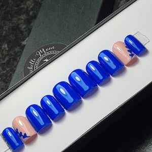 Blue nails with blue accent hearts Press on nails, shiny finish, fake nails, short square shortie, reusable nails