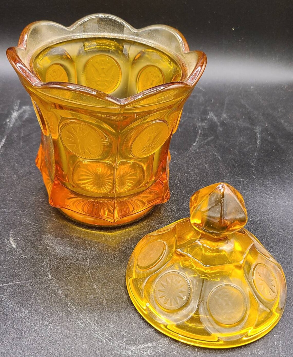 Amber FOSTORIA COIN GLASS Candy Dish with lid Etsy
