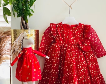 CHRISTMAS DRESS & TOY For Baby and Toddler Girls - 6 Month 1 2 3 4 5 6 7 Years - Handmade Gift for Red Lovers / Birthday Party Costume