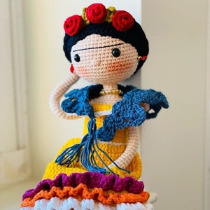 FRIDA KAHLO Crochet Doll Mexican painter Artist companion Unique friend Birthday gift Natural toy wire structure Miniature knit baby Sale image 1