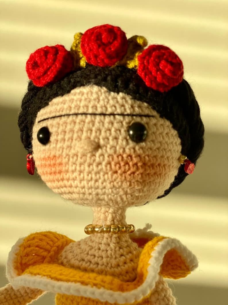 FRIDA KAHLO Crochet Doll Mexican painter Artist companion Unique friend Birthday gift Natural toy wire structure Miniature knit baby Sale image 4
