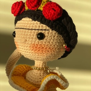 FRIDA KAHLO Crochet Doll Mexican painter Artist companion Unique friend Birthday gift Natural toy wire structure Miniature knit baby Sale image 5
