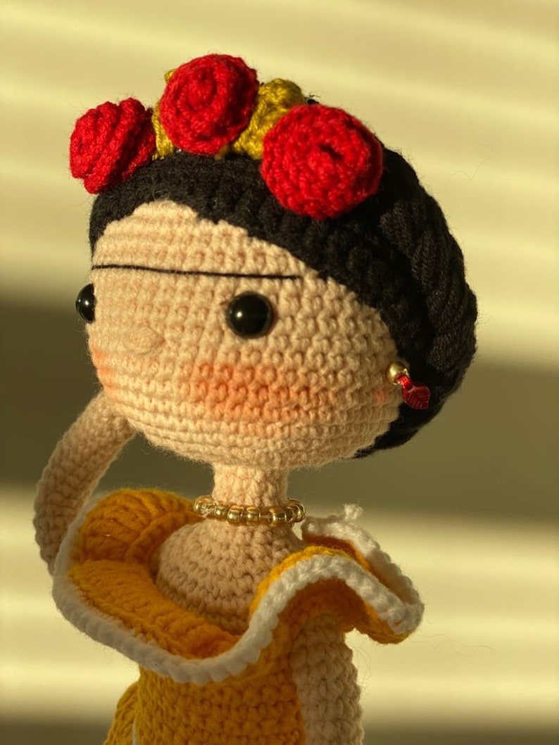 FRIDA KAHLO Crochet Doll Mexican painter Artist companion Unique friend Birthday gift Natural toy wire structure Miniature knit baby Sale image 5