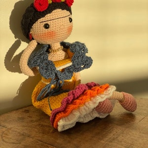 FRIDA KAHLO Crochet Doll Mexican painter Artist companion Unique friend Birthday gift Natural toy wire structure Miniature knit baby Sale image 6