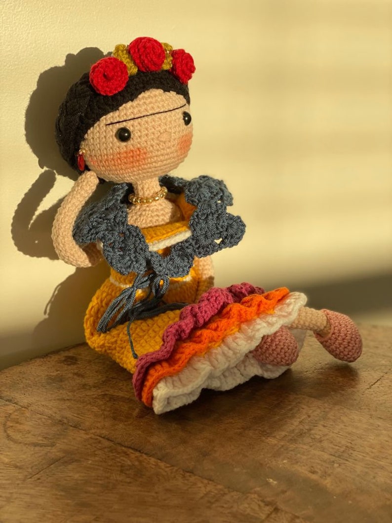 FRIDA KAHLO Crochet Doll Mexican painter Artist companion Unique friend Birthday gift Natural toy wire structure Miniature knit baby Sale image 6