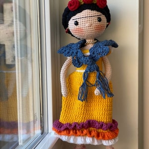 FRIDA KAHLO Crochet Doll Mexican painter Artist companion Unique friend Birthday gift Natural toy wire structure Miniature knit baby Sale image 2