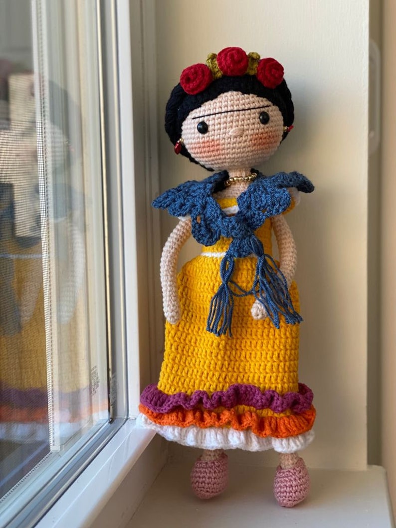 FRIDA KAHLO Crochet Doll Mexican painter Artist companion Unique friend Birthday gift Natural toy wire structure Miniature knit baby Sale image 2