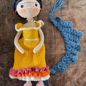 FRIDA KAHLO Crochet Doll Mexican painter Artist companion Unique friend Birthday gift Natural toy wire structure Miniature knit baby Sale image 7