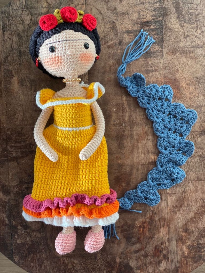 FRIDA KAHLO Crochet Doll Mexican painter Artist companion Unique friend Birthday gift Natural toy wire structure Miniature knit baby Sale image 7