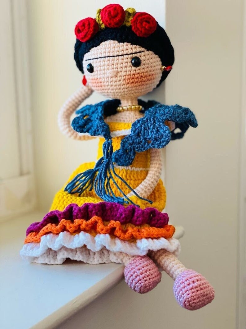 FRIDA KAHLO Crochet Doll Mexican painter Artist companion Unique friend Birthday gift Natural toy wire structure Miniature knit baby Sale image 1