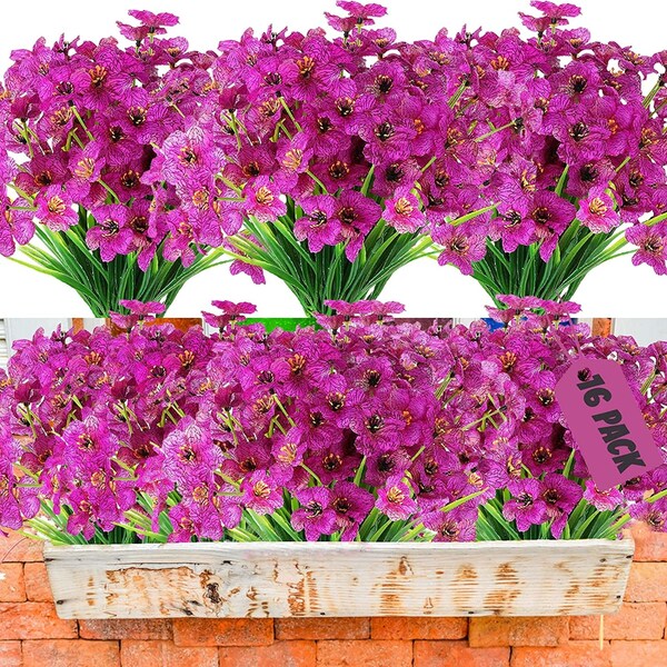 Artificial Plants for Outdoor Indoor UV Resistant 6 Bundles Faux Plastic Greenery Fuchsia