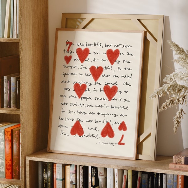 She Was Beautiful, F Scott Fitzgerald Print, 7 of Hearts Print, Printable Wall Art, Digital Download, Playing Card Art, Hand Written Quote