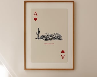 Impresión de naipes del desierto, póster vintage de paisaje del oeste, arte mural de vaqueros, póster de naipes, impresión vintage del oeste, arte del as de corazones