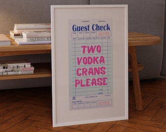 Vodka Crans, Cocktail Wall Art, Cranberry Vodka Poster, Fun Wall Art, Bar Cart Decor, Cape Cod Print, Guest Check Print, Trendy Kitchen Art