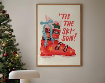 Impresión navideña de esquí, Tis the Ski-Son, arte de pared de esquí navideño, impresión de botas de esquí vintage, impresión de esquí retro, decoración après-ski, arte de pared de esquí navideño
