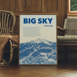 Big Sky Montana Wandkunst, Vintage Montana Druck, Retro Ski Poster, Skilaufen Wandkunst, Vintage Blaue Wand-Dekor, digitaler Download, Retro Ski Karte