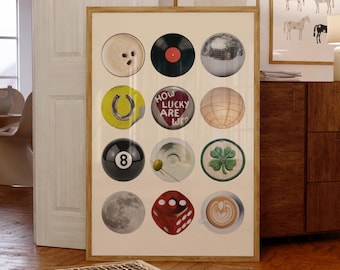 May include: A framed art print featuring a grid of twelve circular images with various designs. Includes a bowling pin, a vinyl record, a disco ball, a horseshoe, text that reads "HOW LUCKY ARE WE?", a clover, an eight ball, a die, and a coffee cup.