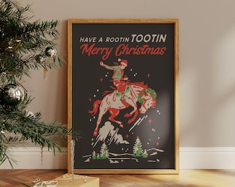 Impresión navideña retro de vaquero: Papá Noel a caballo (descarga digital)