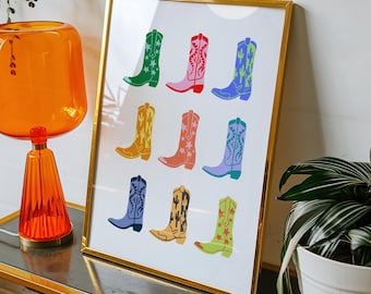 Póster de botas de vaquero coloridas, arte mural ecléctico del oeste, decoración de pared bohemia, bohemio del oeste, estampado de vaquero, estampado vintage del oeste, vaquero retro