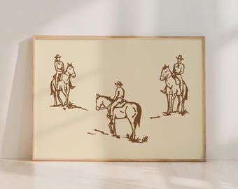 Vintage Cowboy Horse Print – Minimal Western Wall Art, Cowboy Poster, Vintage Western Sketch, Neutral Warm Wall Decor (Digital Download)