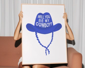 ¿Serás mi cartel de vaquero, impresión de sombrero de vaquero, arte de la pared occidental azul real, arte occidental colorido, boho occidental, arte retro de la pared del sombrero de vaquero