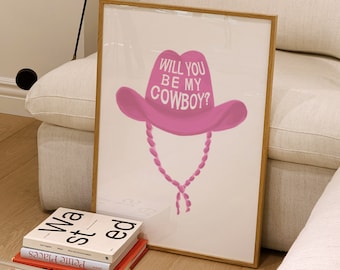 Różowy kowbojski kapelusz, wydruk artystyczny „Czy będziesz moim kowbojem”, różowa sztuka ścienna w stylu western, dekoracja ścienna w stylu kowbojskim, boho western, plakat z retro kowbojskim kapeluszem