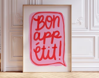 Impresión Bon Appetit, impresión de arte de frase francesa, descarga digital de cocina, arte de pared francés, decoración de cocina francesa, impresión de tipografía roja y rosa