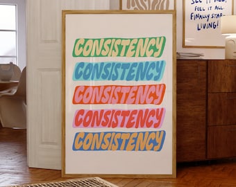 Cartel de consistencia, consistencia sobre la perfección, arte de la pared de fitness, la consistencia es clave, impresión de bienestar, gimnasio en casa, arte de pared imprimible colorido