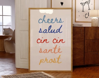 Cheers Print, Colorful Bar Cart Decor, Cheers Poster, Cin Cin Print, Italian Wall Art, Salud Print, Trendy Poster, Kitchen Digital Download
