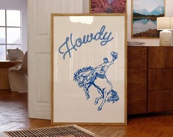 Blue Rope Howdy Wall Art, Cowboy Wall Art, Howdy Print, Blue Western Wall Art, Cowboy Wall Art, Western Poster, Indigo Blue, Cowboy Print