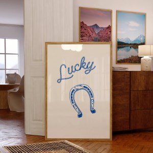Lucky Wall Art, Horseshoe Wall Art, Blue Western Wall Art, Cowboy Wall Art, Western Poster, Indigo Blue, Cowboy Print, Western Blue Art