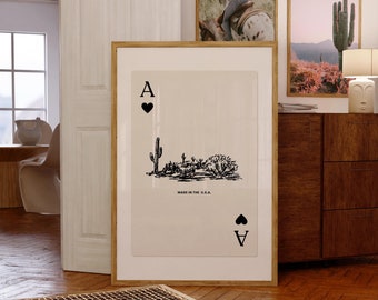 Desert Landscape Playing Card Print, Black Ace of Hearts Playing Card Art, Vintage Western Poster, Cowboy Wall Art, Vintage Western Print