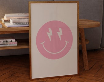 Roze smileygezicht poster, bliksemschicht print, smiley gezicht teken, roze bliksemschicht poster, retro kunst aan de muur, slaapzaal decor, rock-'n-roll print