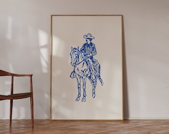 Arte retro de la pared del vaquero, impresión occidental azul, impresión del vaquero, arte de la pared de Nashville, decoración azul y blanca, impresión del vaquero vintage, arte del vaquero vintage