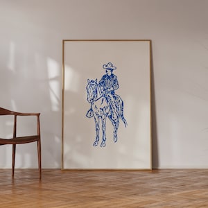 Retro Cowboy Wall Art, Blue Western Print, Cowboy Print, Nashville Wall Art, Blue and White Decor, Vintage Cowboy Print, Vintage Cowboy Art