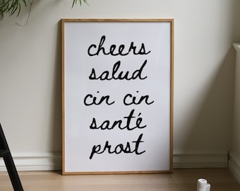 Cheers Print, Bar Cart Decor, Cheers Poster, Cin Cin Print, Italian Wall Art, Salud Print, Trendy Digital Download, Black and White Kitchen