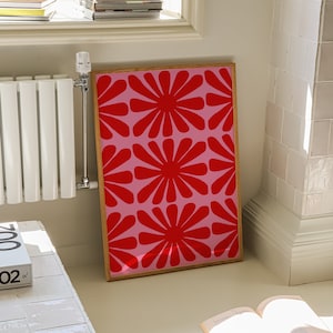 Rot und rosa Blumendruck, Funky Blumen, rosa Blumen Wandkunst, 1970er Jahre Blumendruck, welliges Blumen Dekor, Mid-Century Modern, Retro Wandkunst